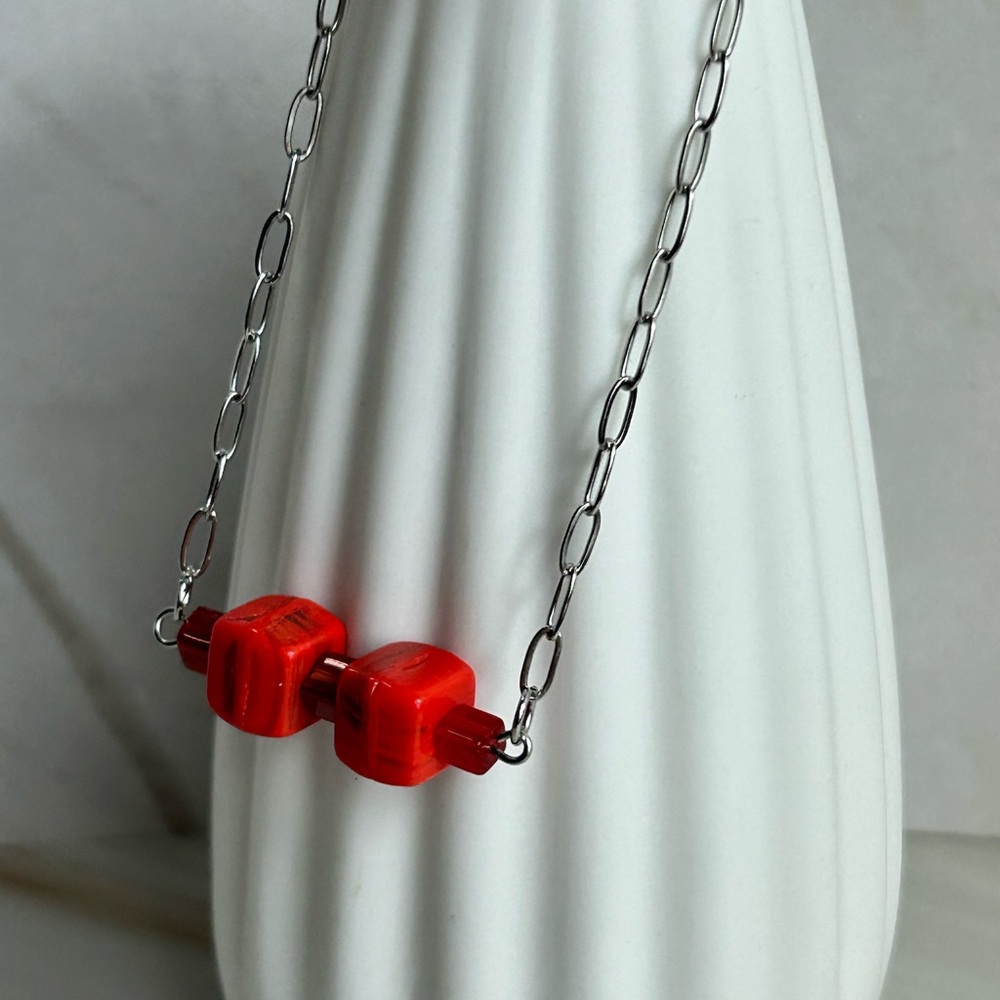 Silver and Red Dumbbell Necklace